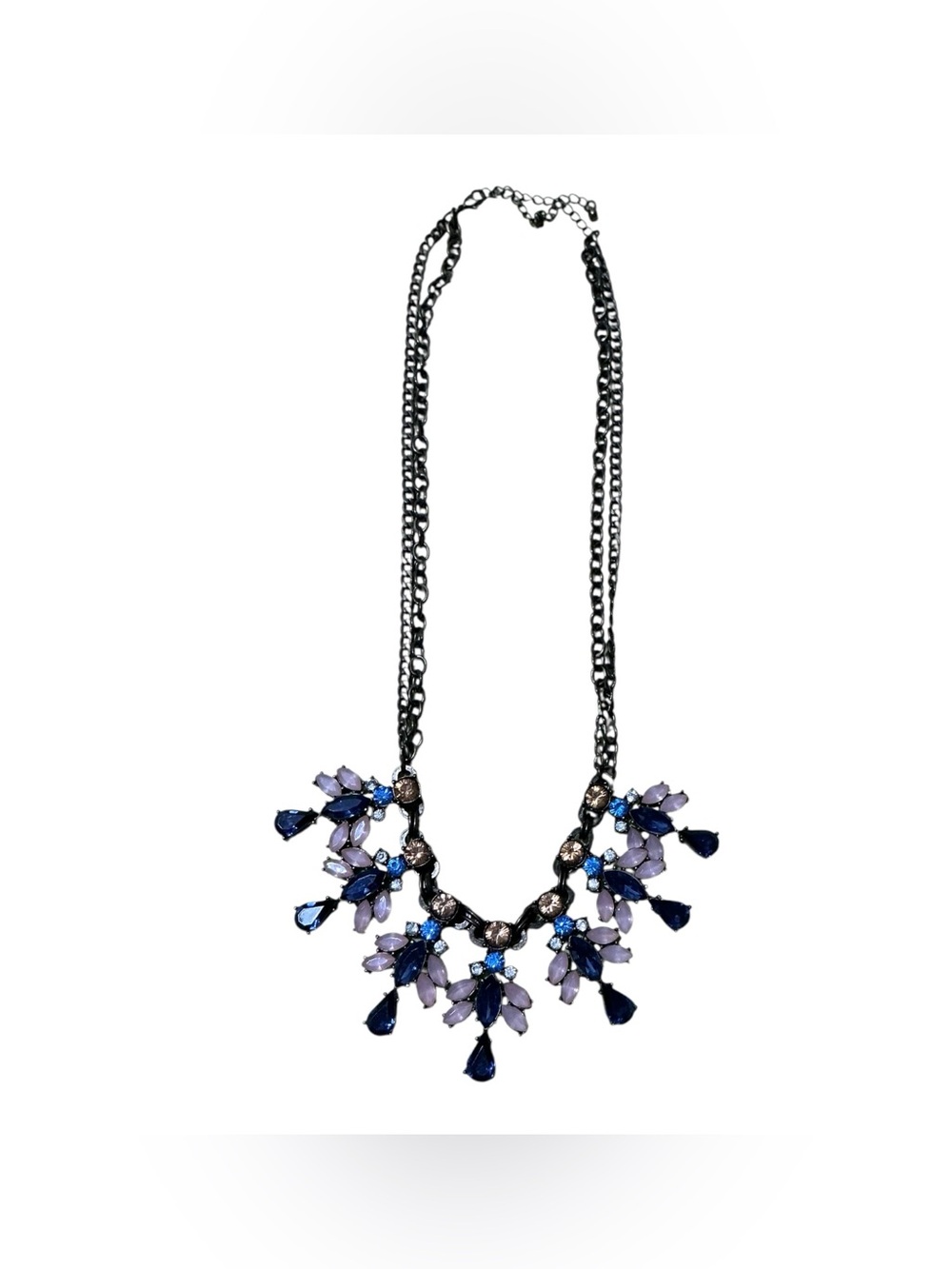Statement Bib Necklace Navy Blue Blush Pink Crystal Rhinestone Gunmetal
